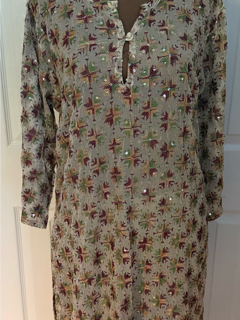 Raj Beige Silk Tunic Dress with Multicolor Floral Embroidery and Sequins